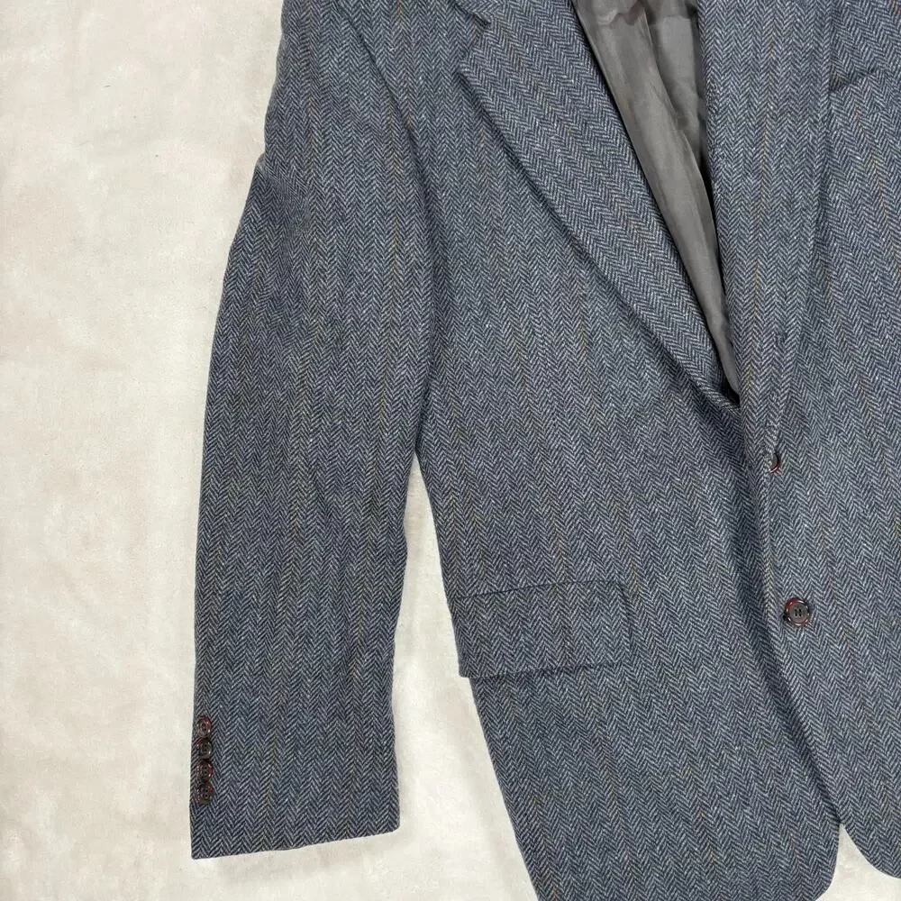 College Town Clothes Mens Wool Blazer Gray Herringbone Plaid Sport Coat Vintage